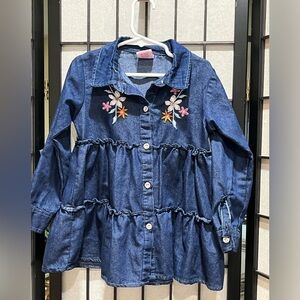 REAL LOVE KIDS Denim Button-Front Tiered Shirt DRESS with Floral Embroidery 6X